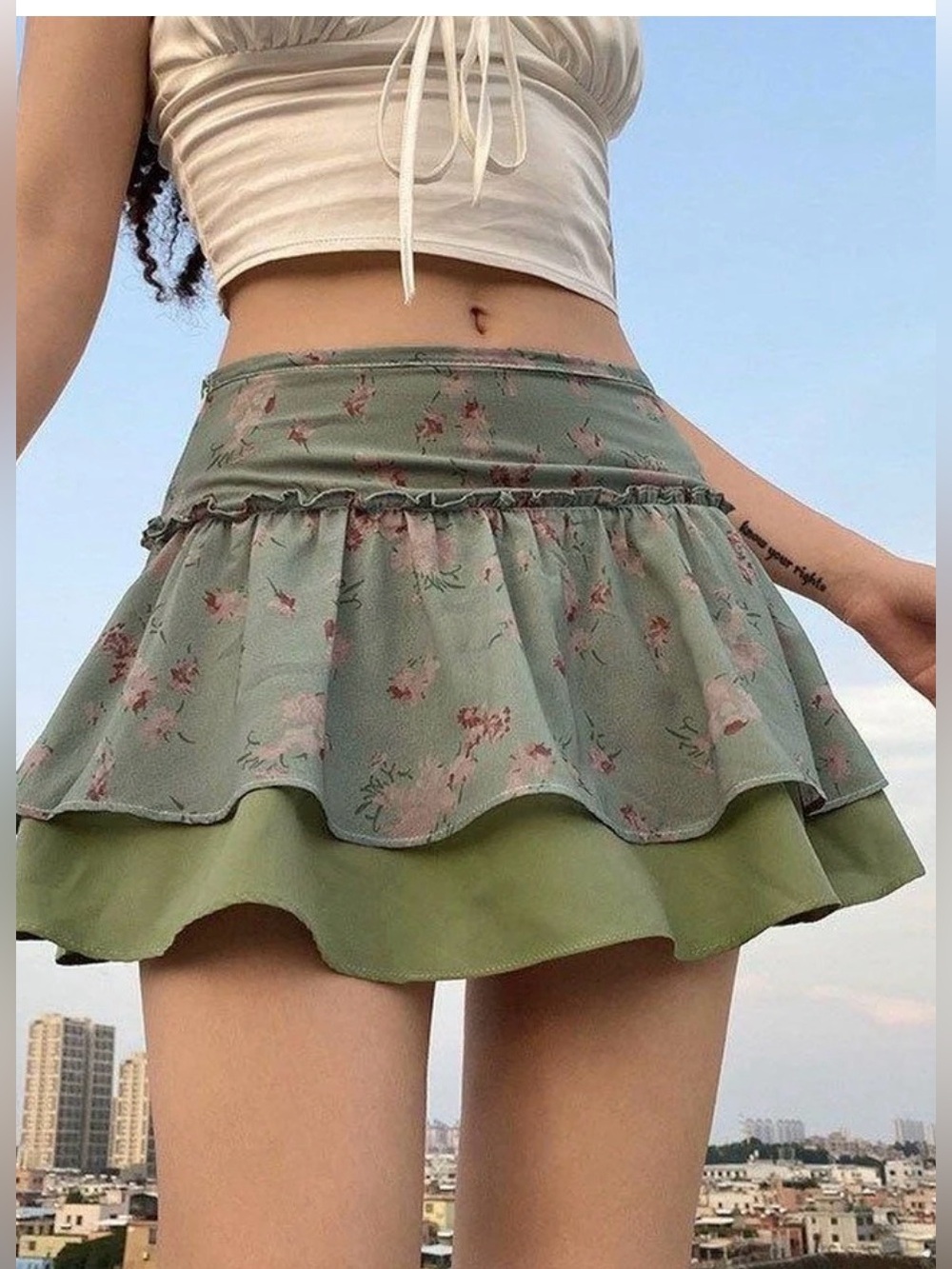 Vintage-Inspired Green Floral Ruffle Mini Skirt